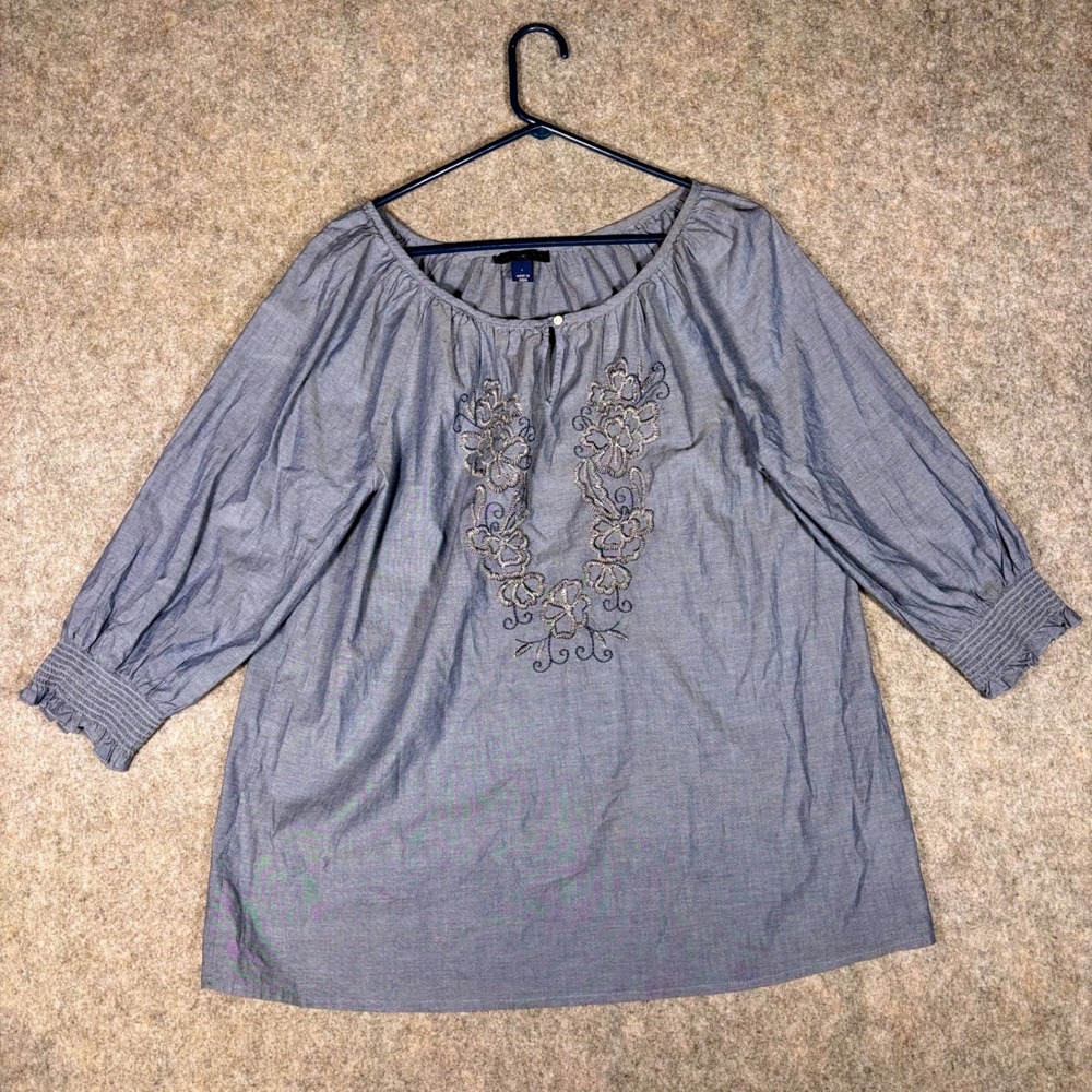 Bandolino Chambray Dillian Top Womens Large Blue Embroidered Peasant Blouse Boho